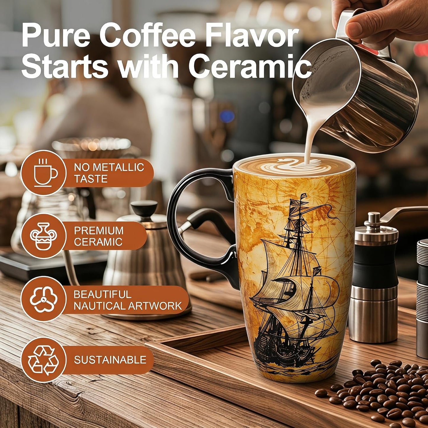 17oz Ceramic Coffee Travel Mug with Handle & Lid | Large Capacity Porcelain Tall Tea Wave Art Cup with in Color Box, 6.5" H
