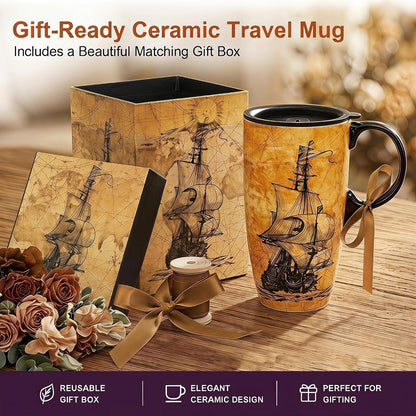 17oz Ceramic Coffee Travel Mug with Handle & Lid | Large Capacity Porcelain Tall Tea Wave Art Cup with in Color Box, 6.5" H
