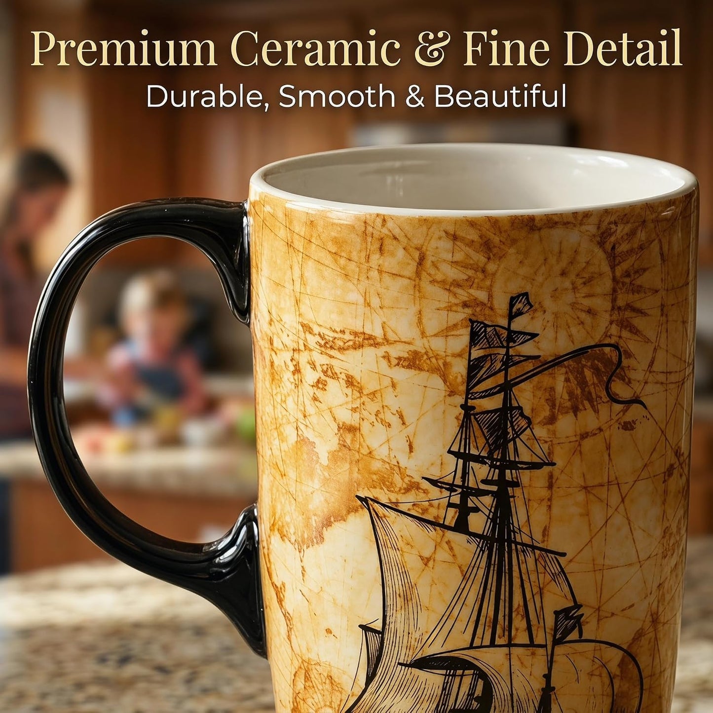 17oz Ceramic Coffee Travel Mug with Handle & Lid | Large Capacity Porcelain Tall Tea Wave Art Cup with in Color Box, 6.5" H