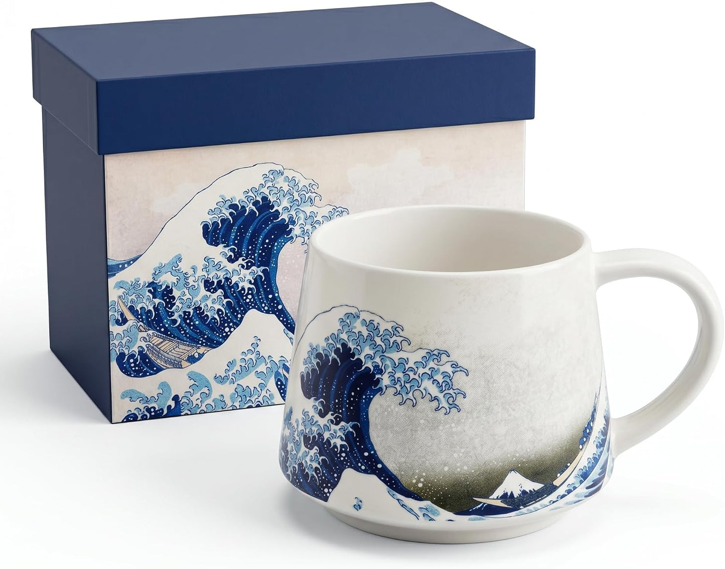 17oz Ceramic Coffee Travel Mug with Handle & Lid | Large Capacity Porcelain Tall Tea Wave Art Cup with in Color Box, 6.5" H