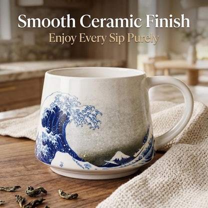 17oz Ceramic Coffee Travel Mug with Handle & Lid | Large Capacity Porcelain Tall Tea Wave Art Cup with in Color Box, 6.5" H
