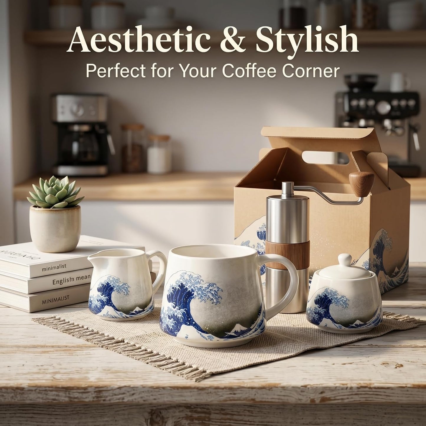 17oz Ceramic Coffee Travel Mug with Handle & Lid | Large Capacity Porcelain Tall Tea Wave Art Cup with in Color Box, 6.5" H