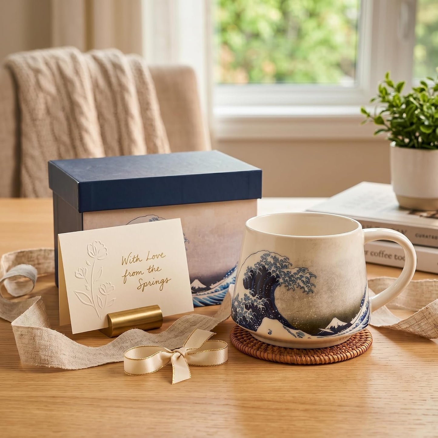 17oz Ceramic Coffee Travel Mug with Handle & Lid | Large Capacity Porcelain Tall Tea Wave Art Cup with in Color Box, 6.5" H