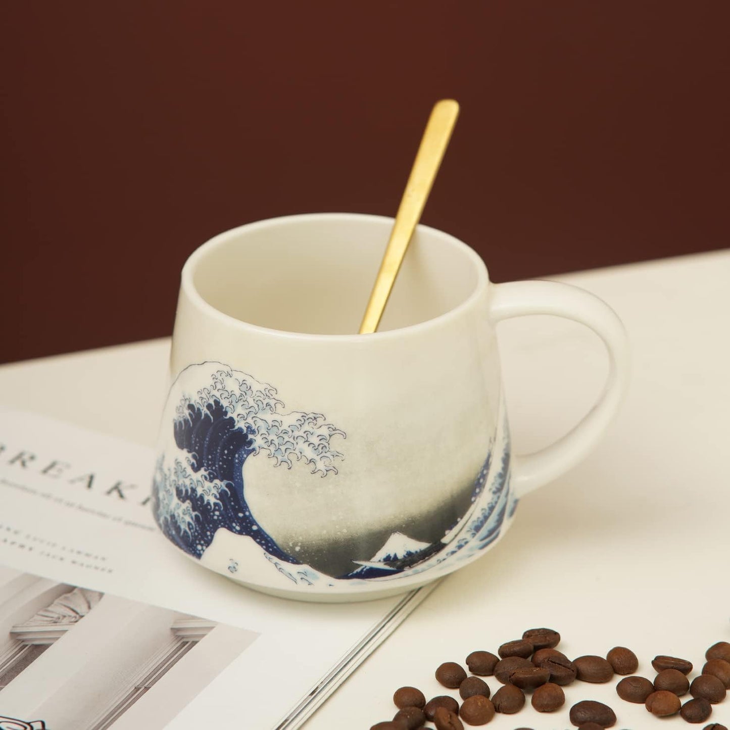 17oz Ceramic Coffee Travel Mug with Handle & Lid | Large Capacity Porcelain Tall Tea Wave Art Cup with in Color Box, 6.5" H