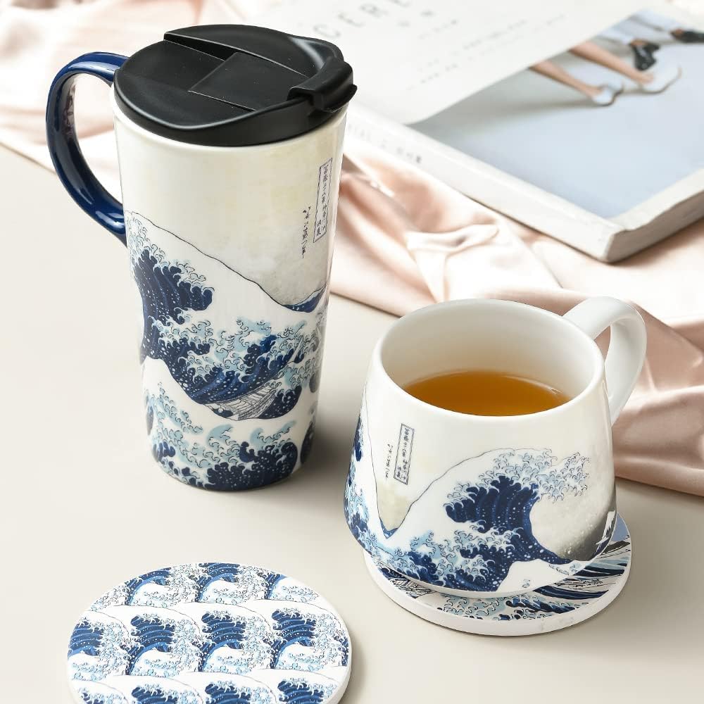 17oz Ceramic Coffee Travel Mug with Handle & Lid | Large Capacity Porcelain Tall Tea Wave Art Cup with in Color Box, 6.5" H