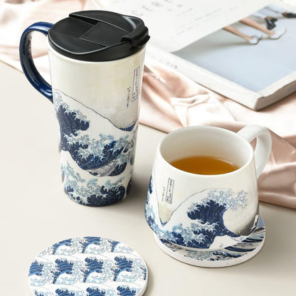 17oz Ceramic Coffee Travel Mug with Handle & Lid | Large Capacity Porcelain Tall Tea Wave Art Cup with in Color Box, 6.5" H