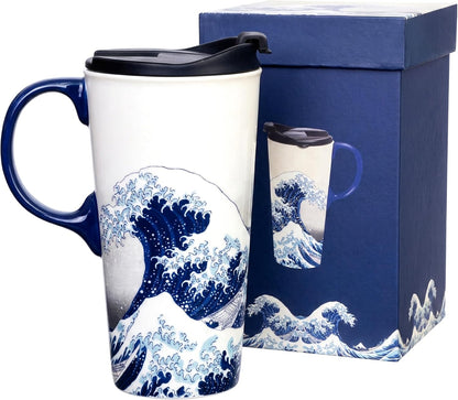 17oz Ceramic Coffee Travel Mug with Handle & Lid | Large Capacity Porcelain Tall Tea Wave Art Cup with in Color Box, 6.5" H