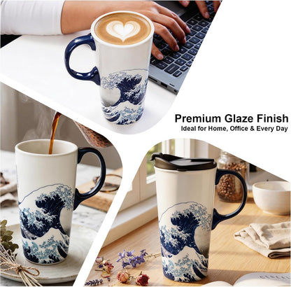17oz Ceramic Coffee Travel Mug with Handle & Lid | Large Capacity Porcelain Tall Tea Wave Art Cup with in Color Box, 6.5" H