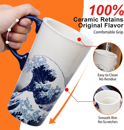 17oz Ceramic Coffee Travel Mug with Handle & Lid | Large Capacity Porcelain Tall Tea Wave Art Cup with in Color Box, 6.5" H