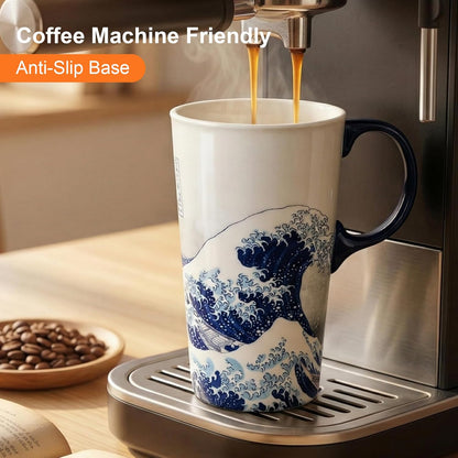 17oz Ceramic Coffee Travel Mug with Handle & Lid | Large Capacity Porcelain Tall Tea Wave Art Cup with in Color Box, 6.5" H