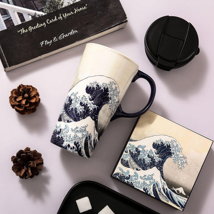 17oz Ceramic Coffee Travel Mug with Handle & Lid | Large Capacity Porcelain Tall Tea Wave Art Cup with in Color Box, 6.5" H