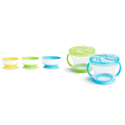 ® Stay Put™ Suction Bowls for Babies and Toddlers, 3 Pack, Blue/Green/Yellow & ® Snack Catcher® Toddler Snack Cups, 2 Pack, Blue/Green