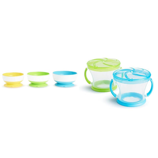 ® Stay Put™ Suction Bowls for Babies and Toddlers, 3 Pack, Blue/Green/Yellow & ® Snack Catcher® Toddler Snack Cups, 2 Pack, Blue/Green