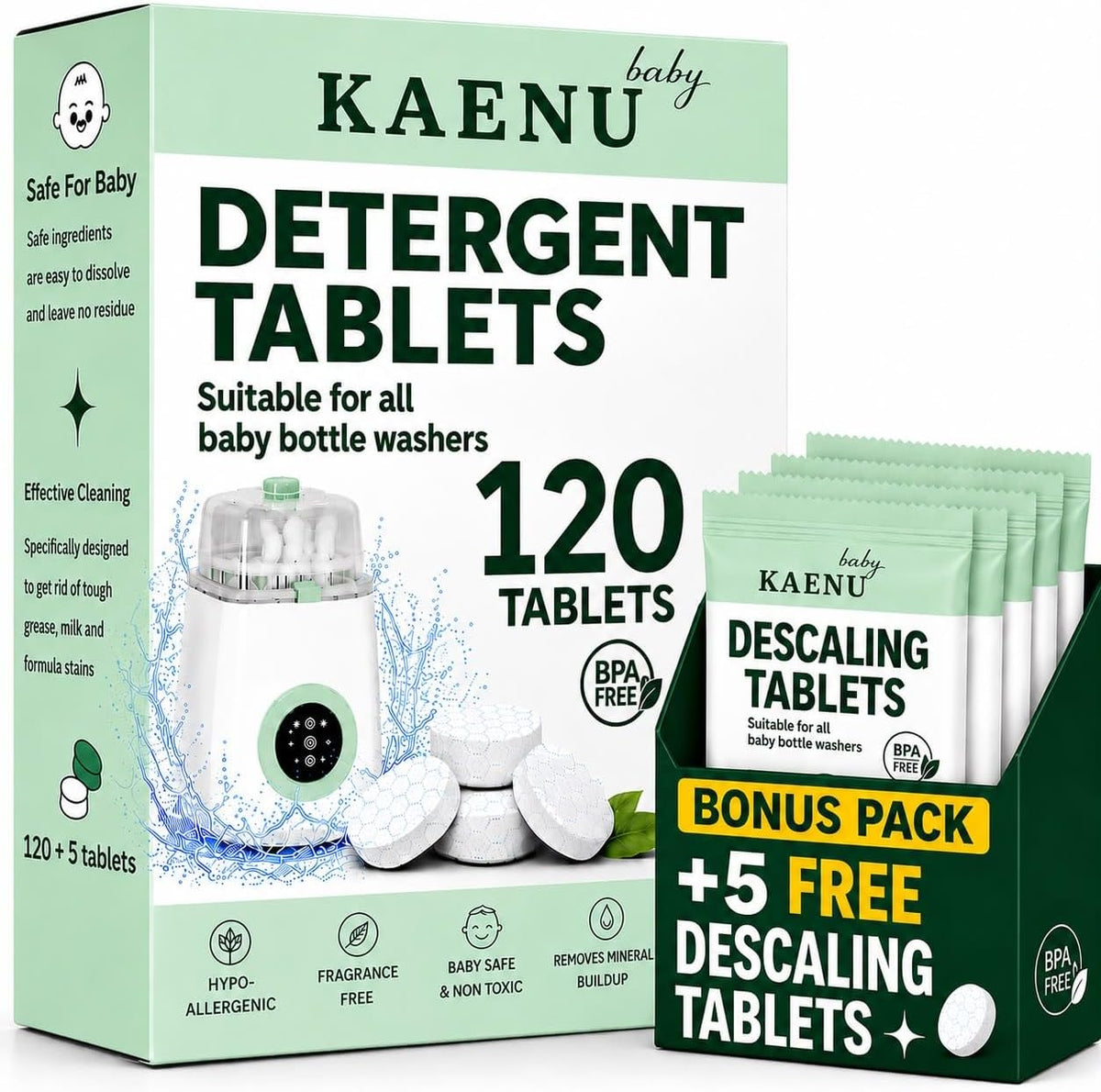 Bottle Washer Detergent Tablets, 120 Count + 5 Descaling Tablets