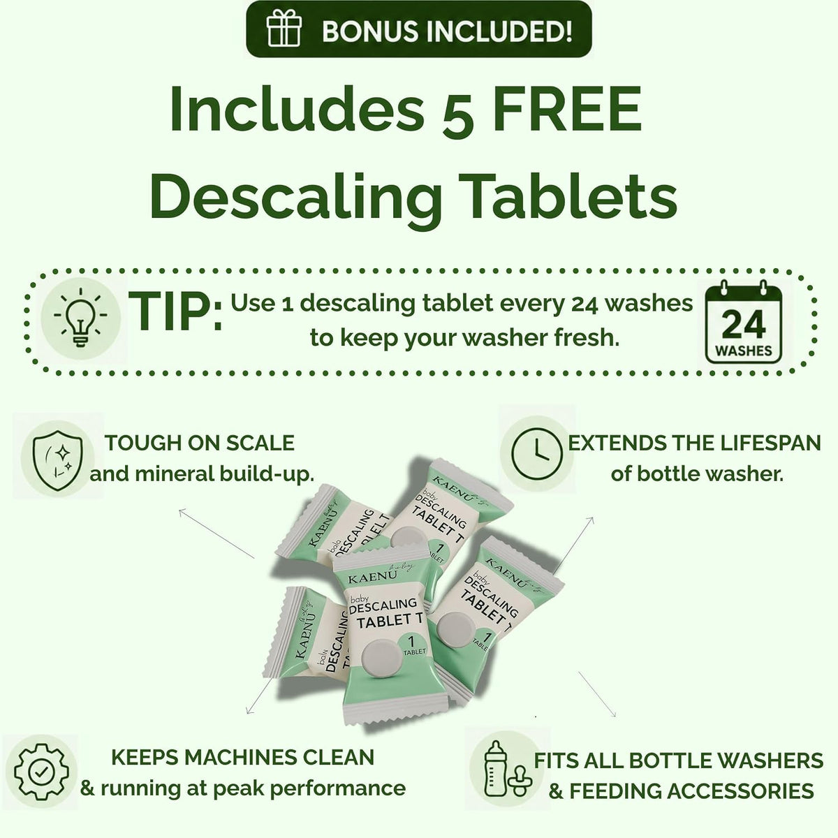 Bottle Washer Detergent Tablets, 120 Count + 5 Descaling Tablets