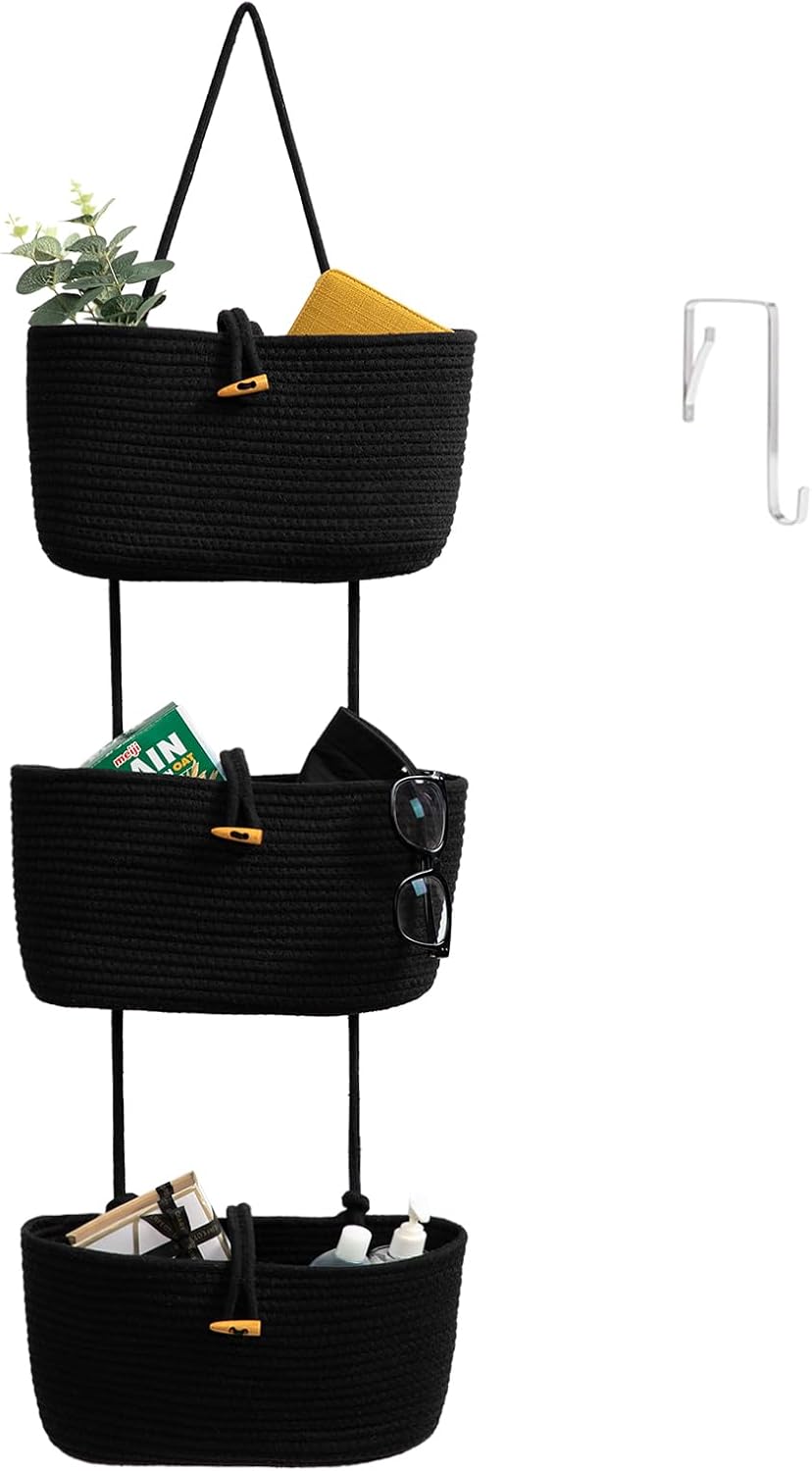 Over the Door Hanging Baskets with Wooden Button, 3-Tier Woven Cotton Storage Organizer Bag, Wall-Mounted with Hook Decorative Hanging Nursery Baskets, Jute