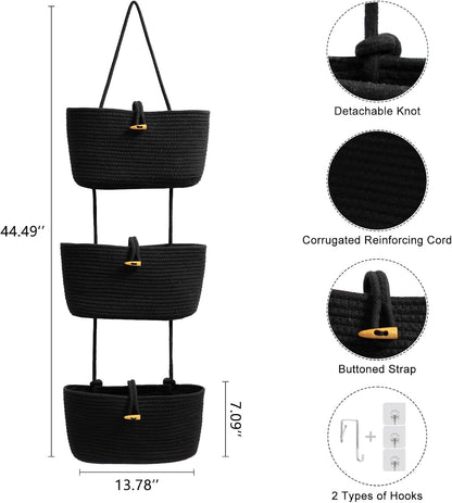 Over the Door Hanging Baskets with Wooden Button, 3-Tier Woven Cotton Storage Organizer Bag, Wall-Mounted with Hook Decorative Hanging Nursery Baskets, Jute