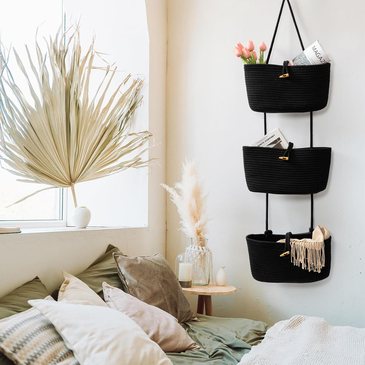 Over the Door Hanging Baskets with Wooden Button, 3-Tier Woven Cotton Storage Organizer Bag, Wall-Mounted with Hook Decorative Hanging Nursery Baskets, Jute