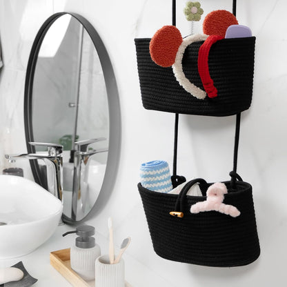 Over the Door Hanging Baskets with Wooden Button, 3-Tier Woven Cotton Storage Organizer Bag, Wall-Mounted with Hook Decorative Hanging Nursery Baskets, Jute