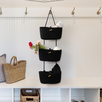 Over the Door Hanging Baskets with Wooden Button, 3-Tier Woven Cotton Storage Organizer Bag, Wall-Mounted with Hook Decorative Hanging Nursery Baskets, Jute