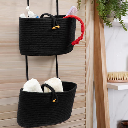 Over the Door Hanging Baskets with Wooden Button, 3-Tier Woven Cotton Storage Organizer Bag, Wall-Mounted with Hook Decorative Hanging Nursery Baskets, Jute