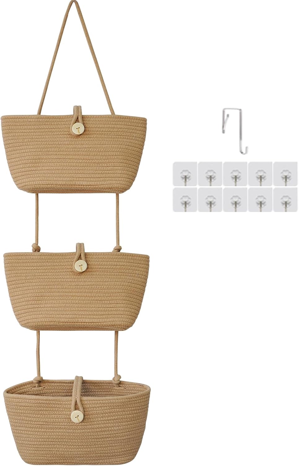 Over the Door Hanging Baskets with Wooden Button, 3-Tier Woven Cotton Storage Organizer Bag, Wall-Mounted with Hook Decorative Hanging Nursery Baskets, Jute
