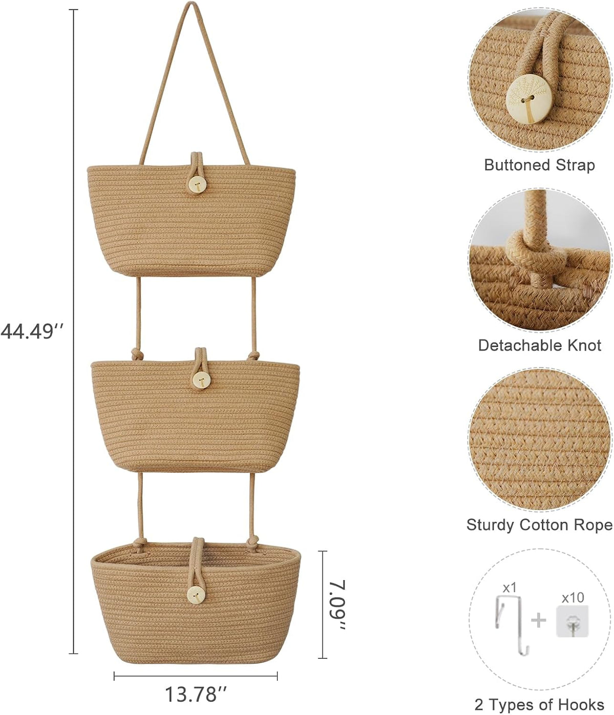 Over the Door Hanging Baskets with Wooden Button, 3-Tier Woven Cotton Storage Organizer Bag, Wall-Mounted with Hook Decorative Hanging Nursery Baskets, Jute