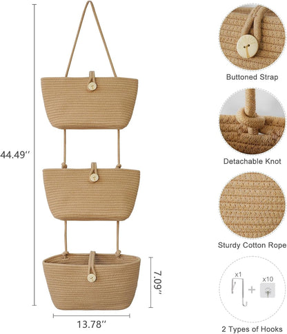 Over the Door Hanging Baskets with Wooden Button, 3-Tier Woven Cotton Storage Organizer Bag, Wall-Mounted with Hook Decorative Hanging Nursery Baskets, Jute