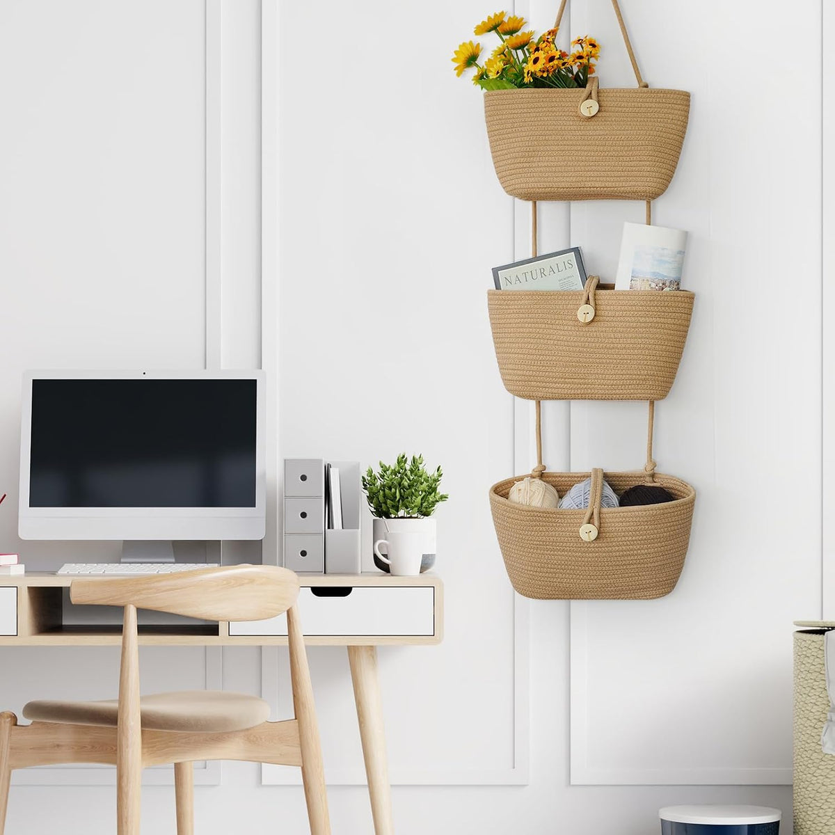 Over the Door Hanging Baskets with Wooden Button, 3-Tier Woven Cotton Storage Organizer Bag, Wall-Mounted with Hook Decorative Hanging Nursery Baskets, Jute