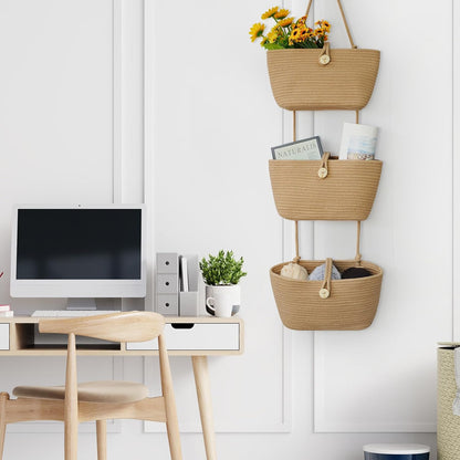 Over the Door Hanging Baskets with Wooden Button, 3-Tier Woven Cotton Storage Organizer Bag, Wall-Mounted with Hook Decorative Hanging Nursery Baskets, Jute