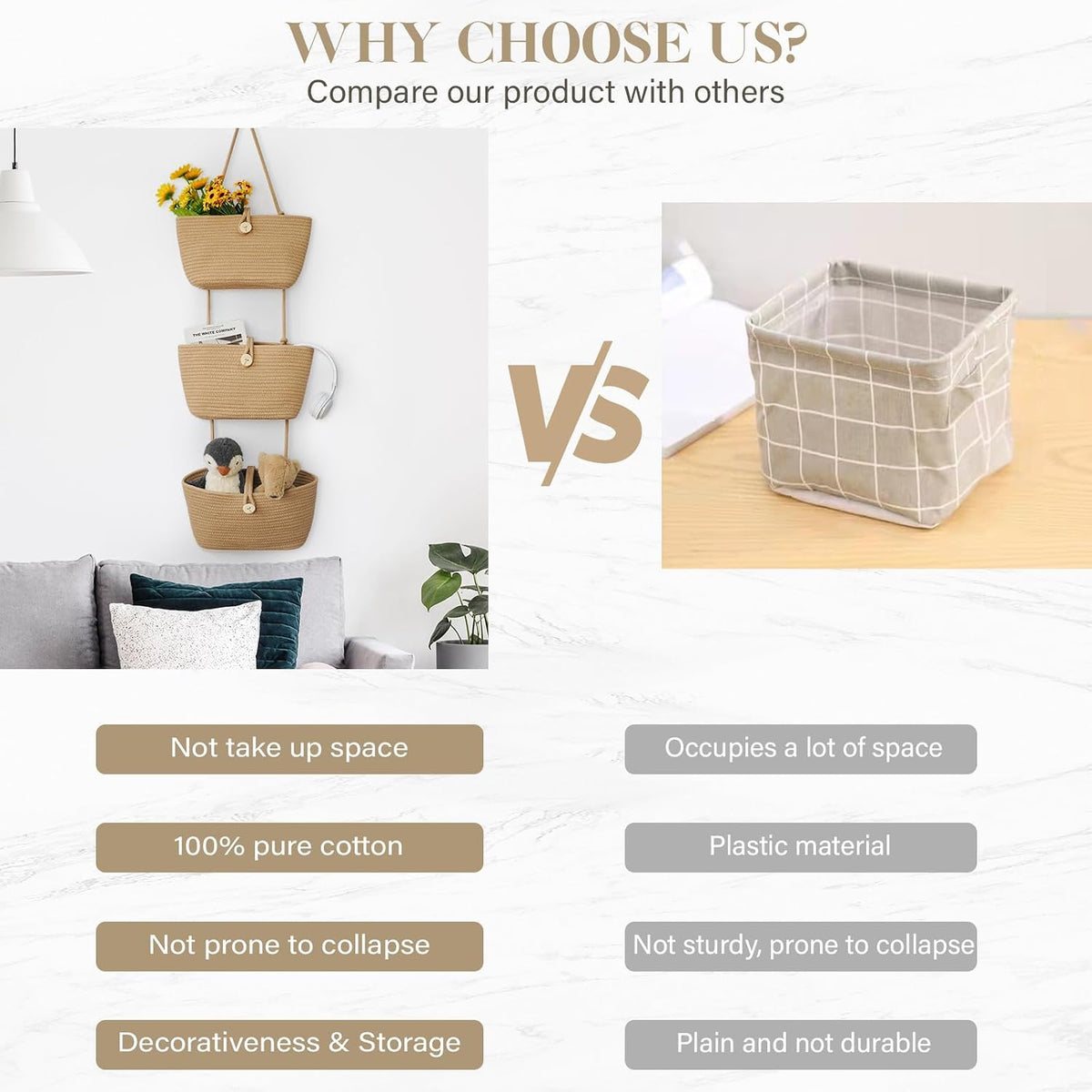 Over the Door Hanging Baskets with Wooden Button, 3-Tier Woven Cotton Storage Organizer Bag, Wall-Mounted with Hook Decorative Hanging Nursery Baskets, Jute