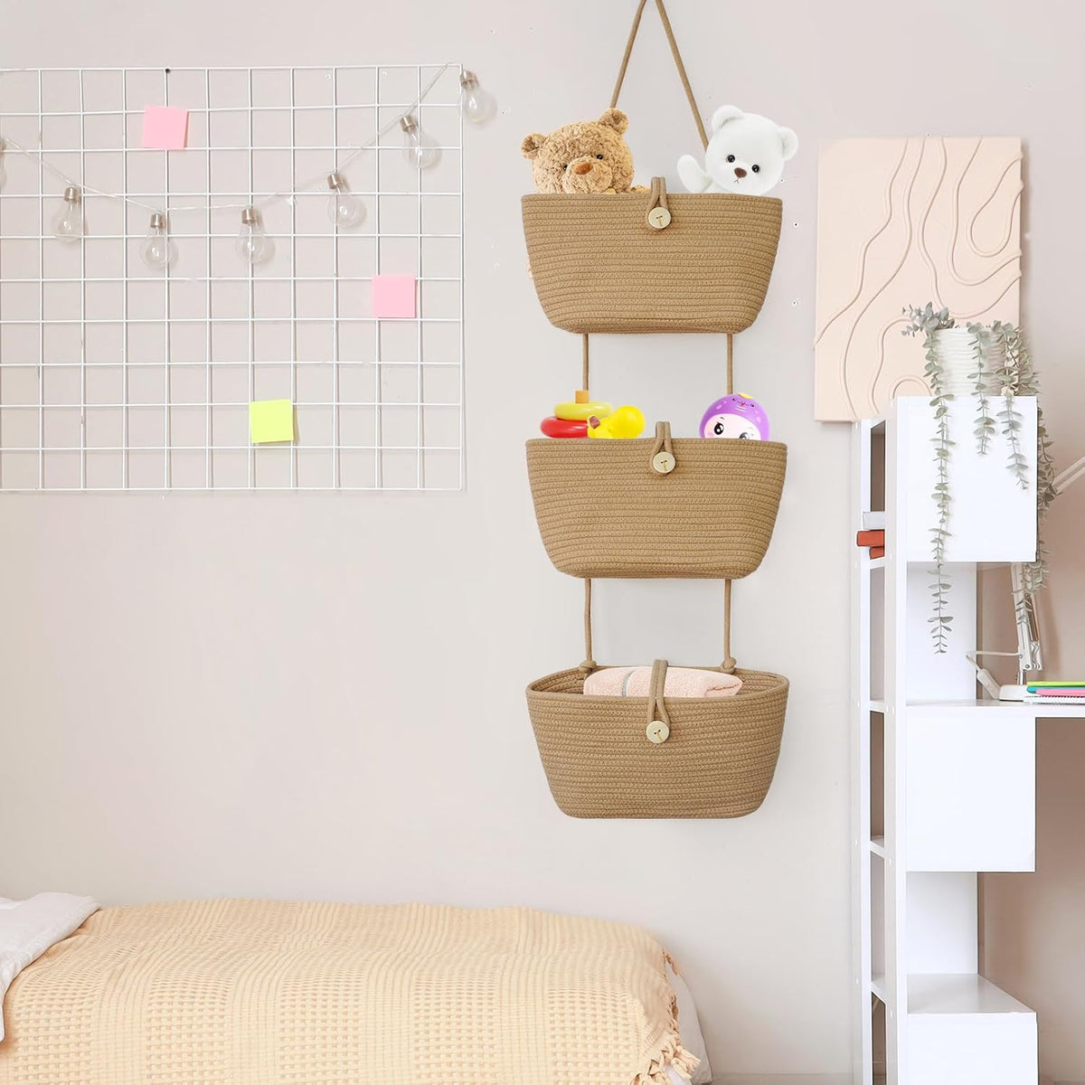 Over the Door Hanging Baskets with Wooden Button, 3-Tier Woven Cotton Storage Organizer Bag, Wall-Mounted with Hook Decorative Hanging Nursery Baskets, Jute