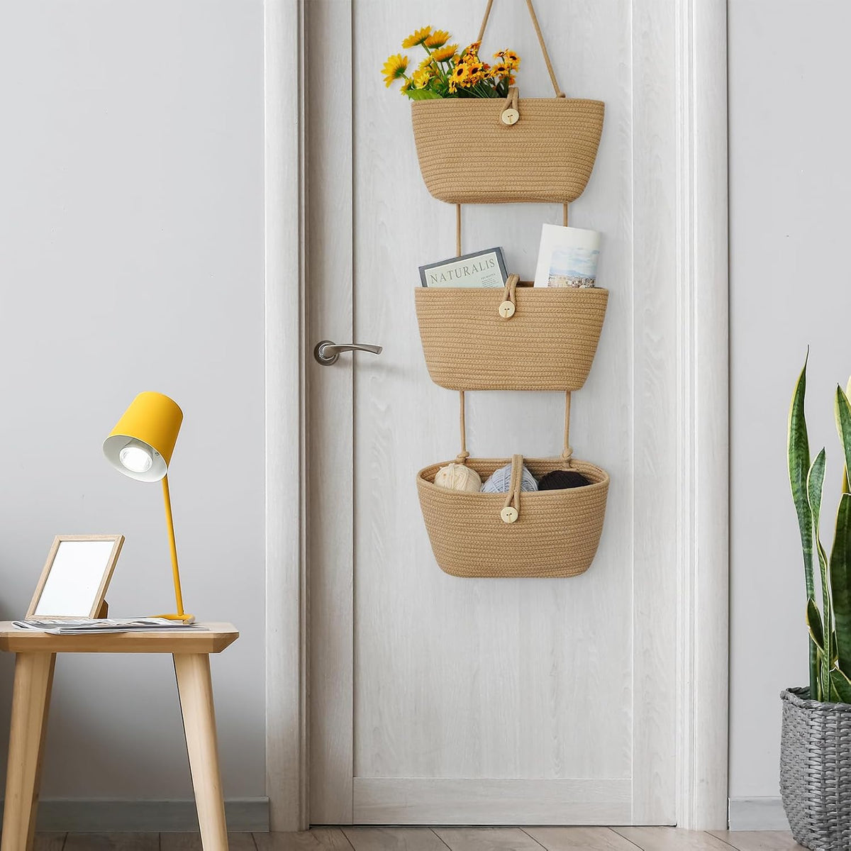 Over the Door Hanging Baskets with Wooden Button, 3-Tier Woven Cotton Storage Organizer Bag, Wall-Mounted with Hook Decorative Hanging Nursery Baskets, Jute