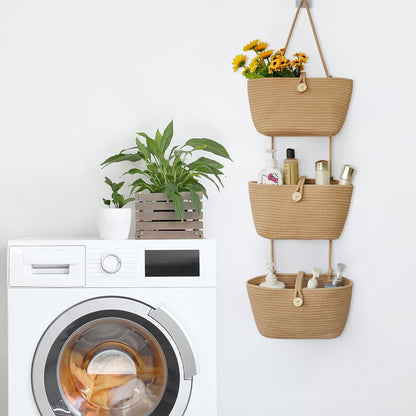 Over the Door Hanging Baskets with Wooden Button, 3-Tier Woven Cotton Storage Organizer Bag, Wall-Mounted with Hook Decorative Hanging Nursery Baskets, Jute