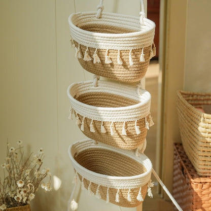 Over the Door Hanging Baskets with Wooden Button, 3-Tier Woven Cotton Storage Organizer Bag, Wall-Mounted with Hook Decorative Hanging Nursery Baskets, Jute