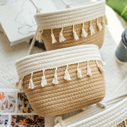 Over the Door Hanging Baskets with Wooden Button, 3-Tier Woven Cotton Storage Organizer Bag, Wall-Mounted with Hook Decorative Hanging Nursery Baskets, Jute