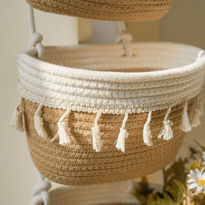 Over the Door Hanging Baskets with Wooden Button, 3-Tier Woven Cotton Storage Organizer Bag, Wall-Mounted with Hook Decorative Hanging Nursery Baskets, Jute