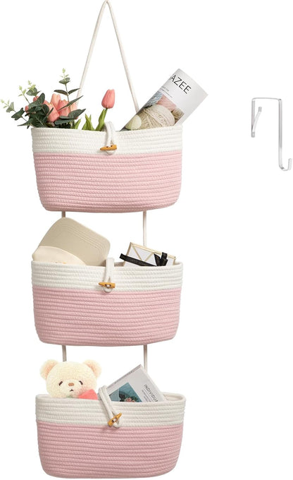 Over the Door Hanging Baskets with Wooden Button, 3-Tier Woven Cotton Storage Organizer Bag, Wall-Mounted with Hook Decorative Hanging Nursery Baskets, Jute
