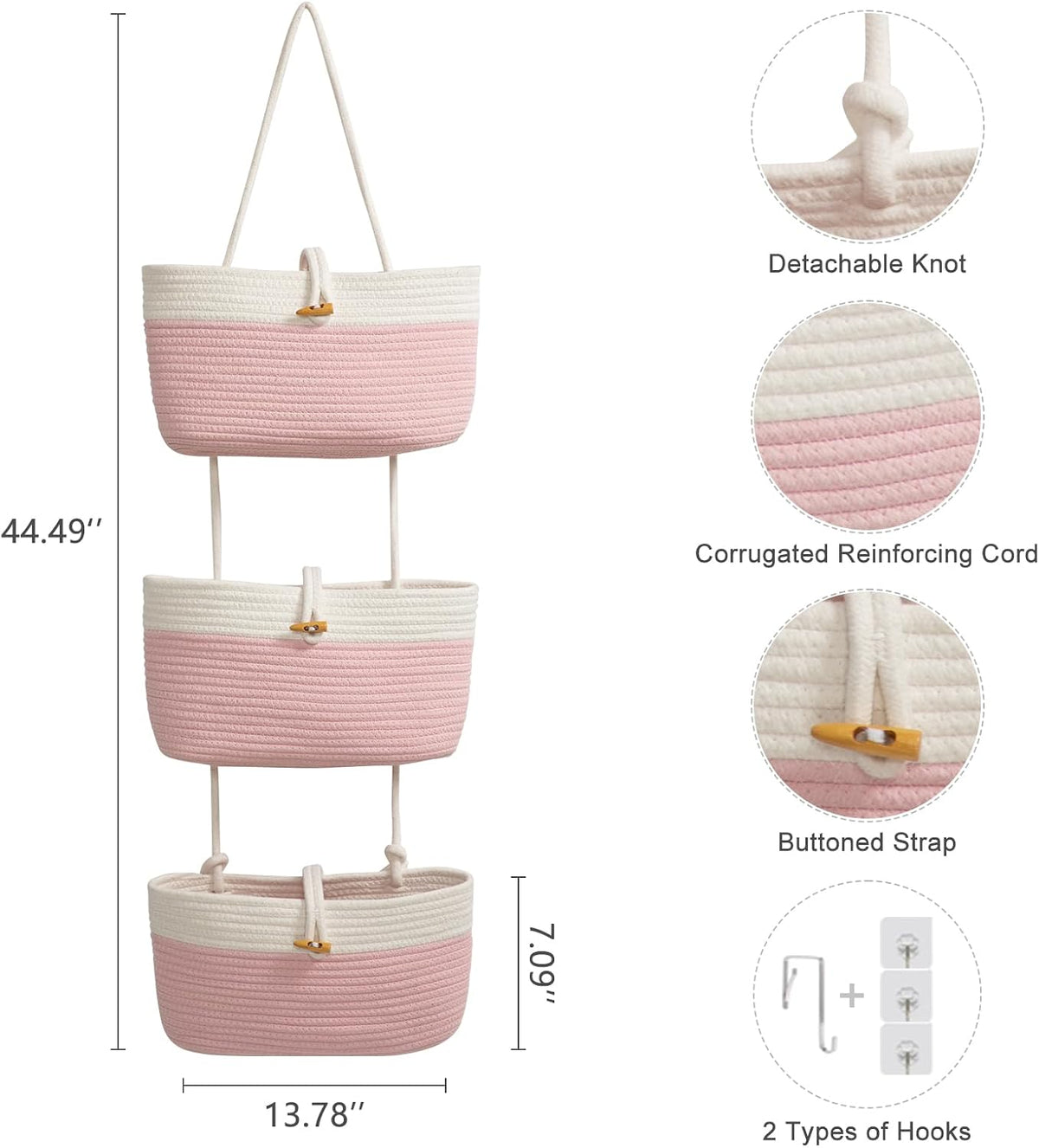 Over the Door Hanging Baskets with Wooden Button, 3-Tier Woven Cotton Storage Organizer Bag, Wall-Mounted with Hook Decorative Hanging Nursery Baskets, Jute