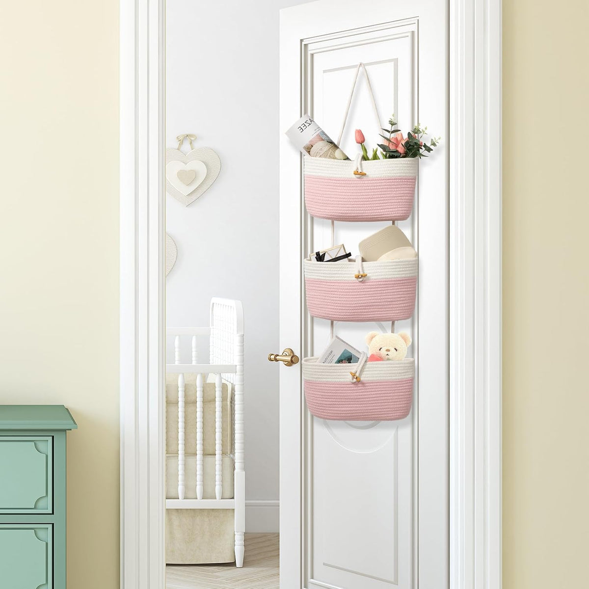 Over the Door Hanging Baskets with Wooden Button, 3-Tier Woven Cotton Storage Organizer Bag, Wall-Mounted with Hook Decorative Hanging Nursery Baskets, Jute