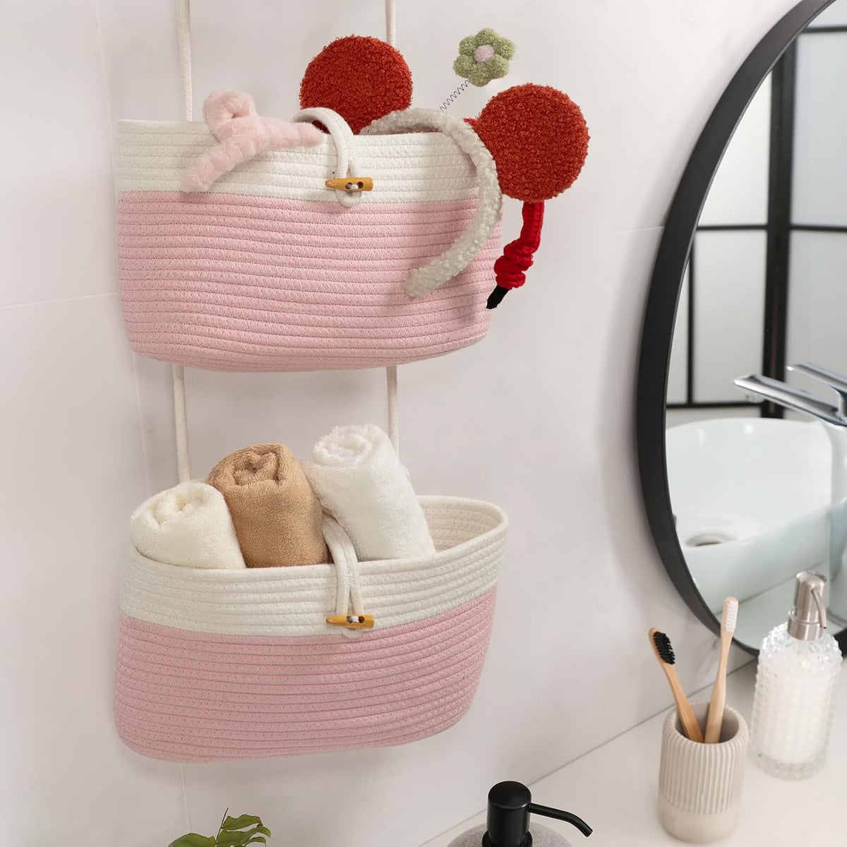 Over the Door Hanging Baskets with Wooden Button, 3-Tier Woven Cotton Storage Organizer Bag, Wall-Mounted with Hook Decorative Hanging Nursery Baskets, Jute