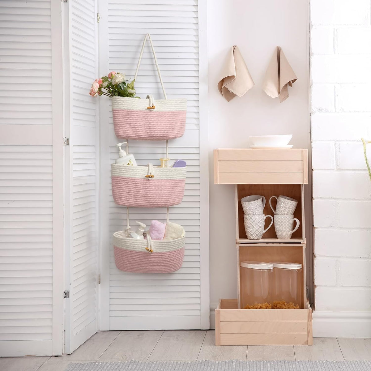 Over the Door Hanging Baskets with Wooden Button, 3-Tier Woven Cotton Storage Organizer Bag, Wall-Mounted with Hook Decorative Hanging Nursery Baskets, Jute