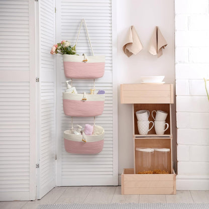 Over the Door Hanging Baskets with Wooden Button, 3-Tier Woven Cotton Storage Organizer Bag, Wall-Mounted with Hook Decorative Hanging Nursery Baskets, Jute