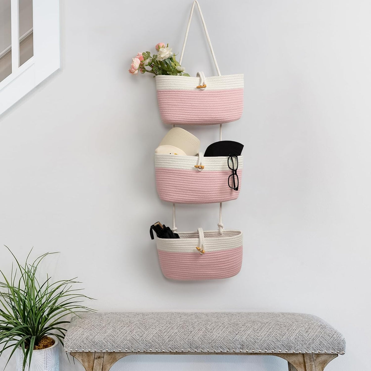 Over the Door Hanging Baskets with Wooden Button, 3-Tier Woven Cotton Storage Organizer Bag, Wall-Mounted with Hook Decorative Hanging Nursery Baskets, Jute