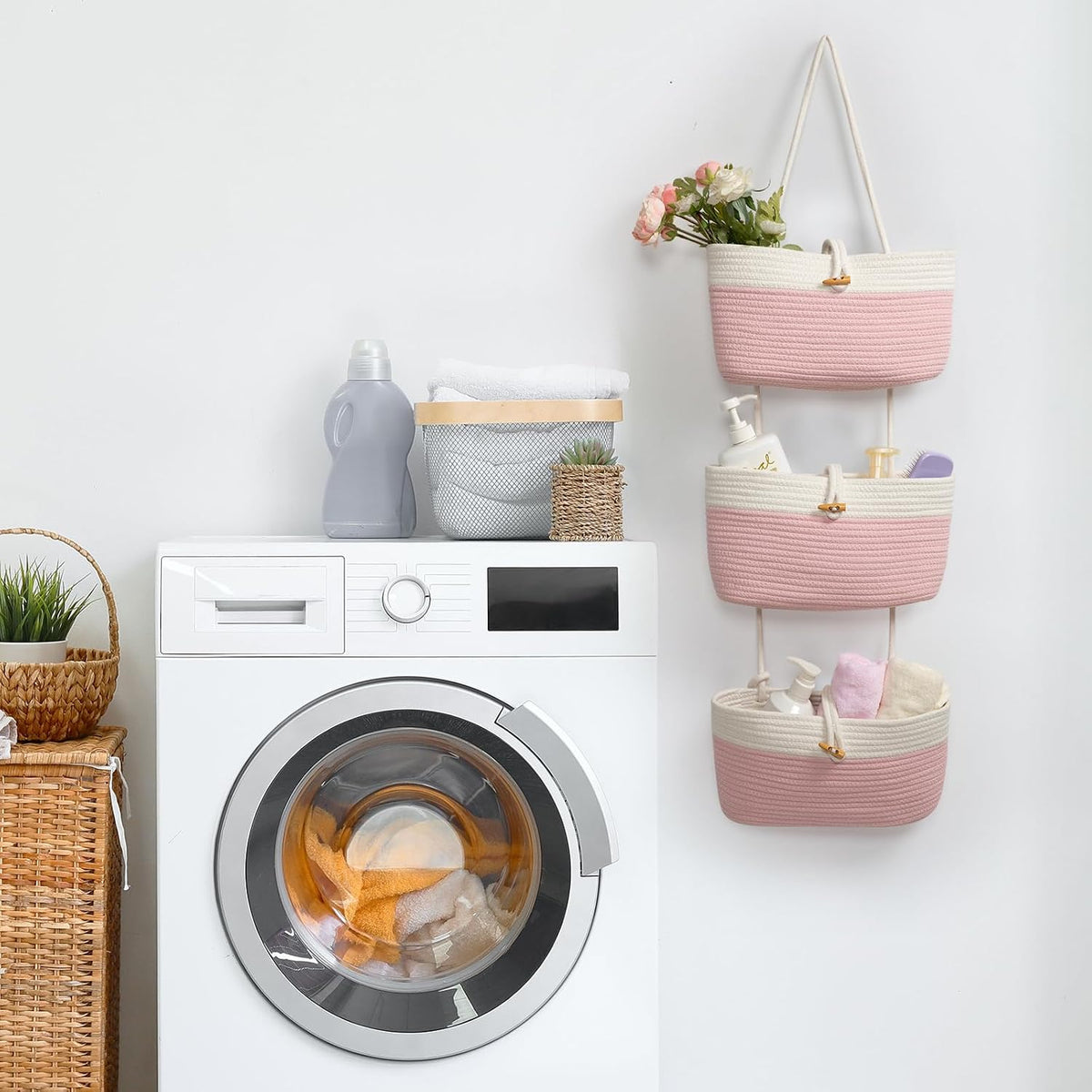 Over the Door Hanging Baskets with Wooden Button, 3-Tier Woven Cotton Storage Organizer Bag, Wall-Mounted with Hook Decorative Hanging Nursery Baskets, Jute