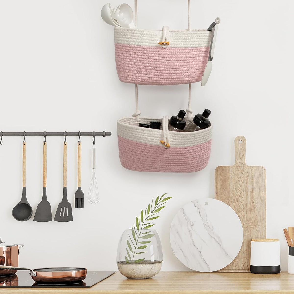 Over the Door Hanging Baskets with Wooden Button, 3-Tier Woven Cotton Storage Organizer Bag, Wall-Mounted with Hook Decorative Hanging Nursery Baskets, Jute