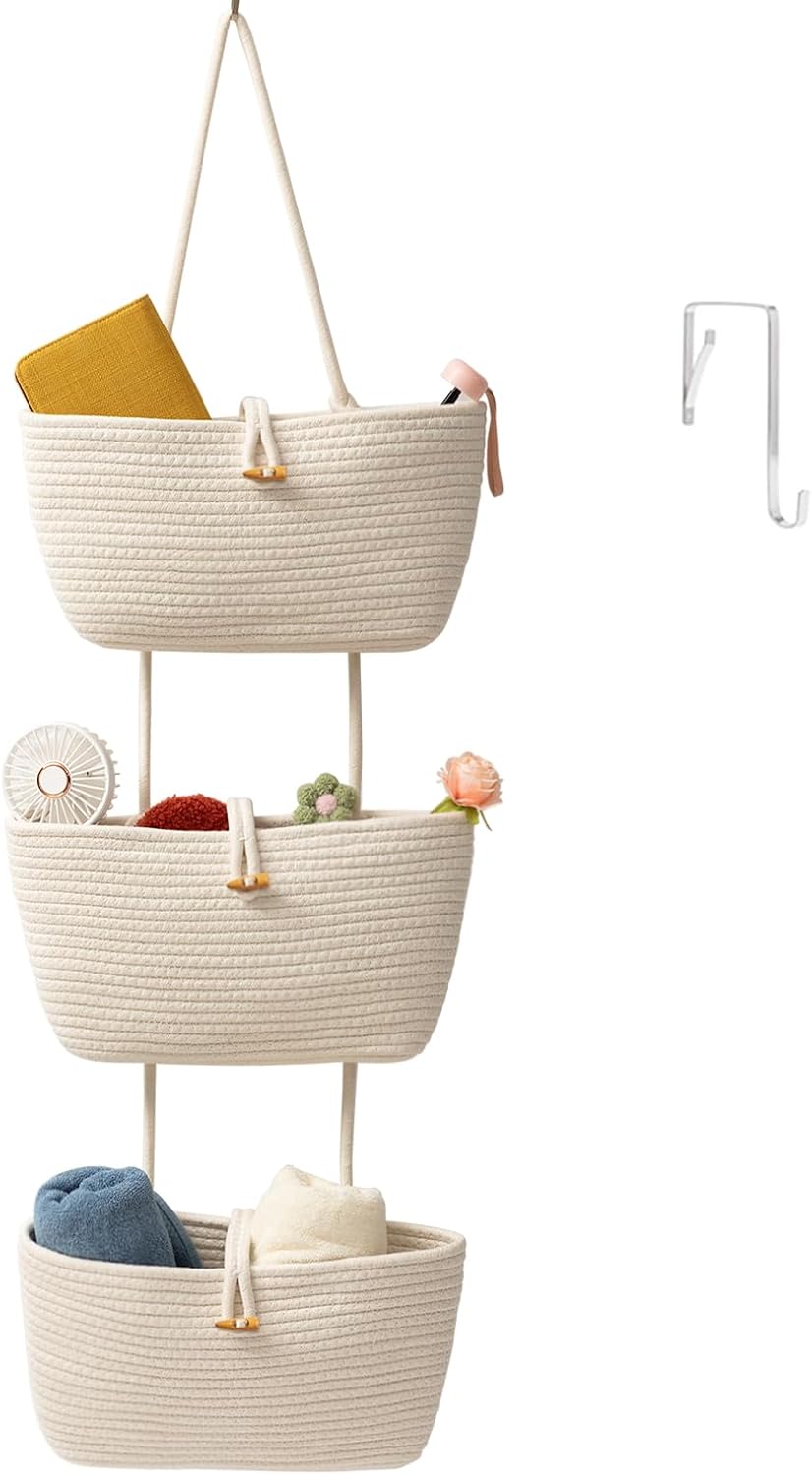 Over the Door Hanging Baskets with Wooden Button, 3-Tier Woven Cotton Storage Organizer Bag, Wall-Mounted with Hook Decorative Hanging Nursery Baskets, Jute