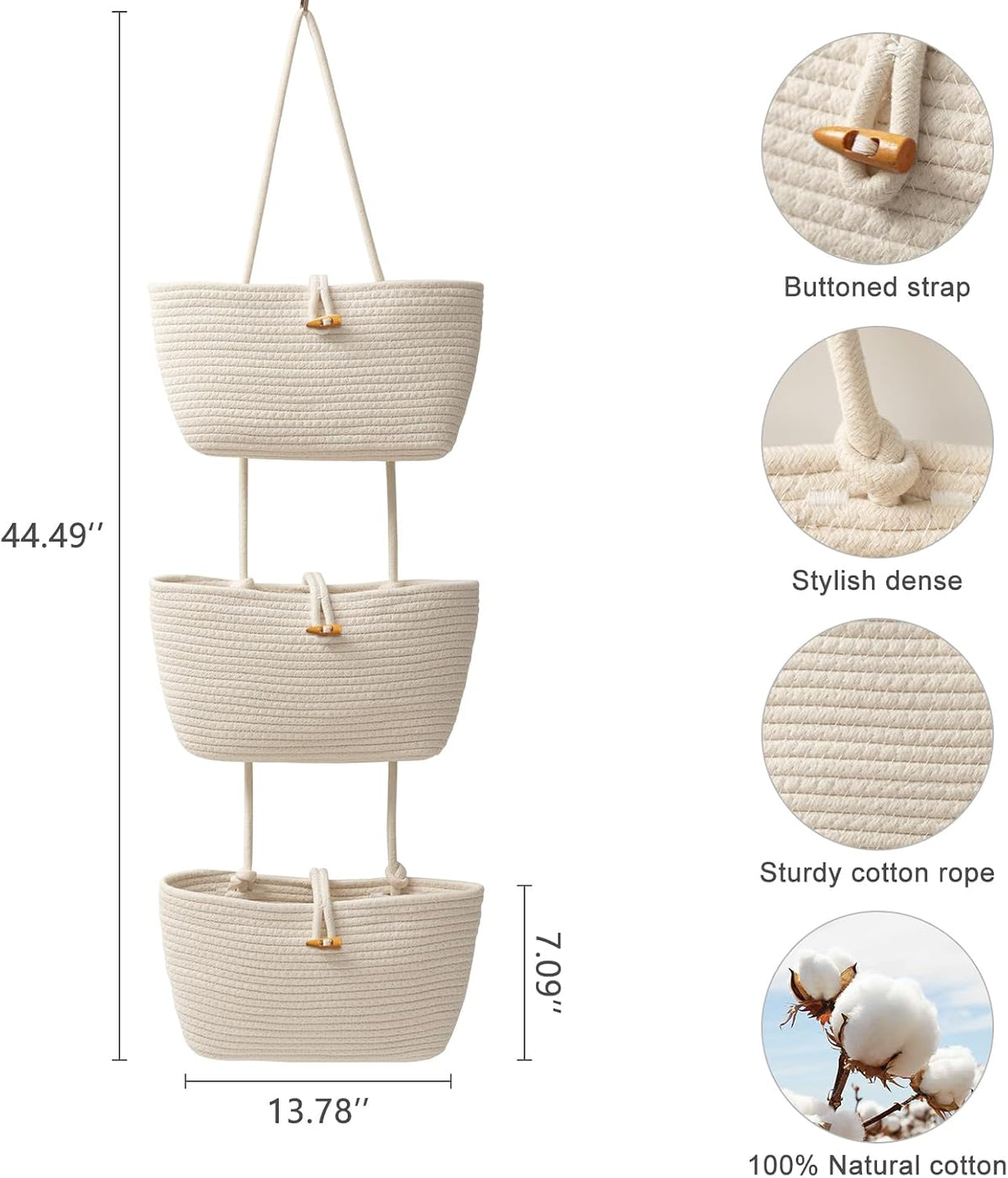 Over the Door Hanging Baskets with Wooden Button, 3-Tier Woven Cotton Storage Organizer Bag, Wall-Mounted with Hook Decorative Hanging Nursery Baskets, Jute