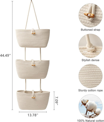 Over the Door Hanging Baskets with Wooden Button, 3-Tier Woven Cotton Storage Organizer Bag, Wall-Mounted with Hook Decorative Hanging Nursery Baskets, Jute