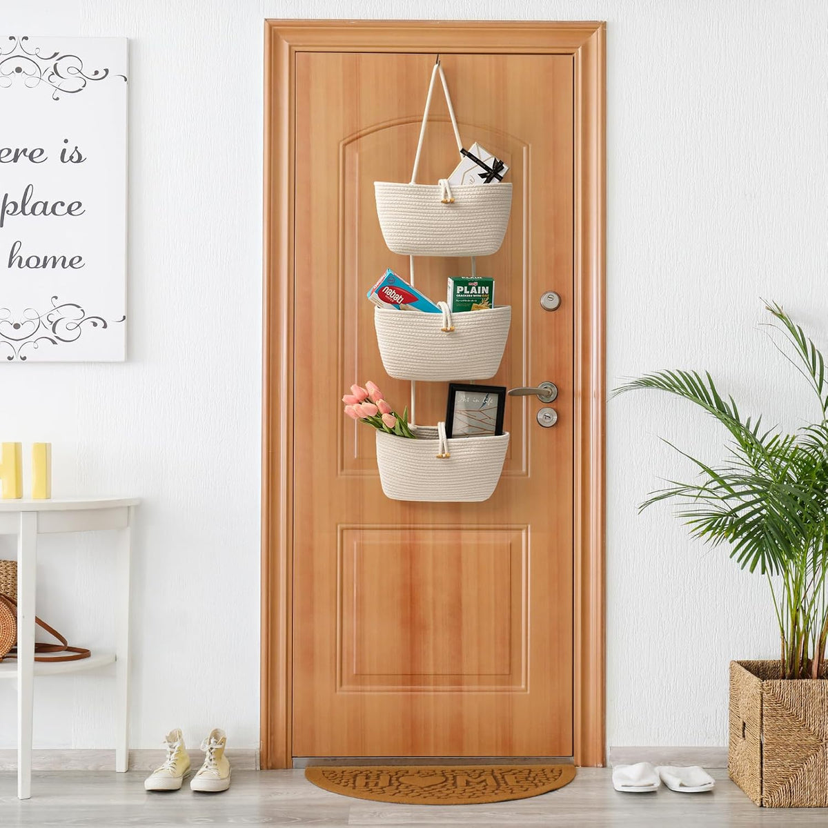 Over the Door Hanging Baskets with Wooden Button, 3-Tier Woven Cotton Storage Organizer Bag, Wall-Mounted with Hook Decorative Hanging Nursery Baskets, Jute